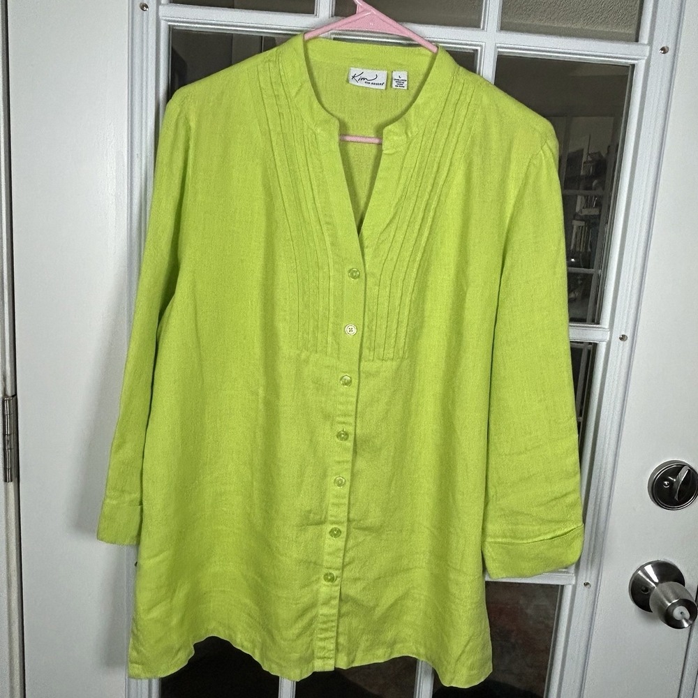 Kim Rogers Womens Lime Green 100% Linen Pintuck Button Down Tunic Top Size L